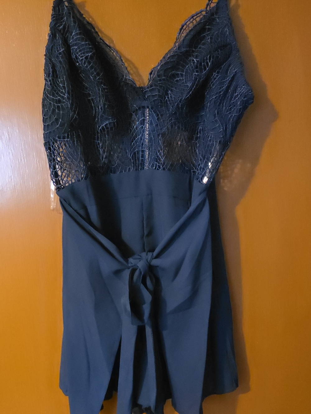 Lace-Trim Navy Chemise Slip Skorts with Tie Back